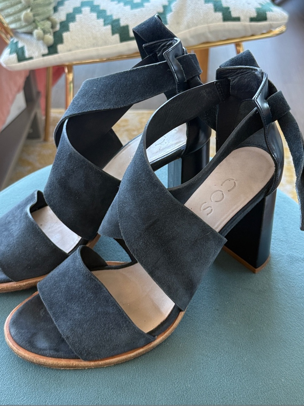 COS dark blue Suede Crisscross Block Heel Sandals